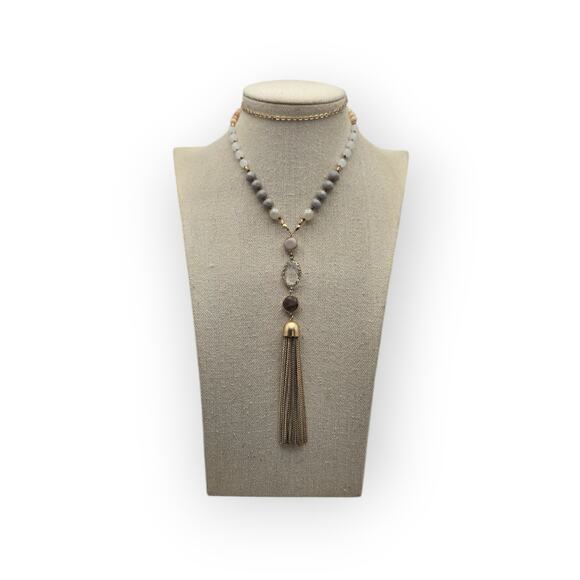 Loft Beaded Tassel Necklace Gold Gray Beads Statement Jewelry - Picture 3 of 8